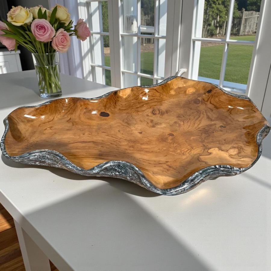 Holzschale Amalia aus Teakholz mit schwarz/silbernem Rand