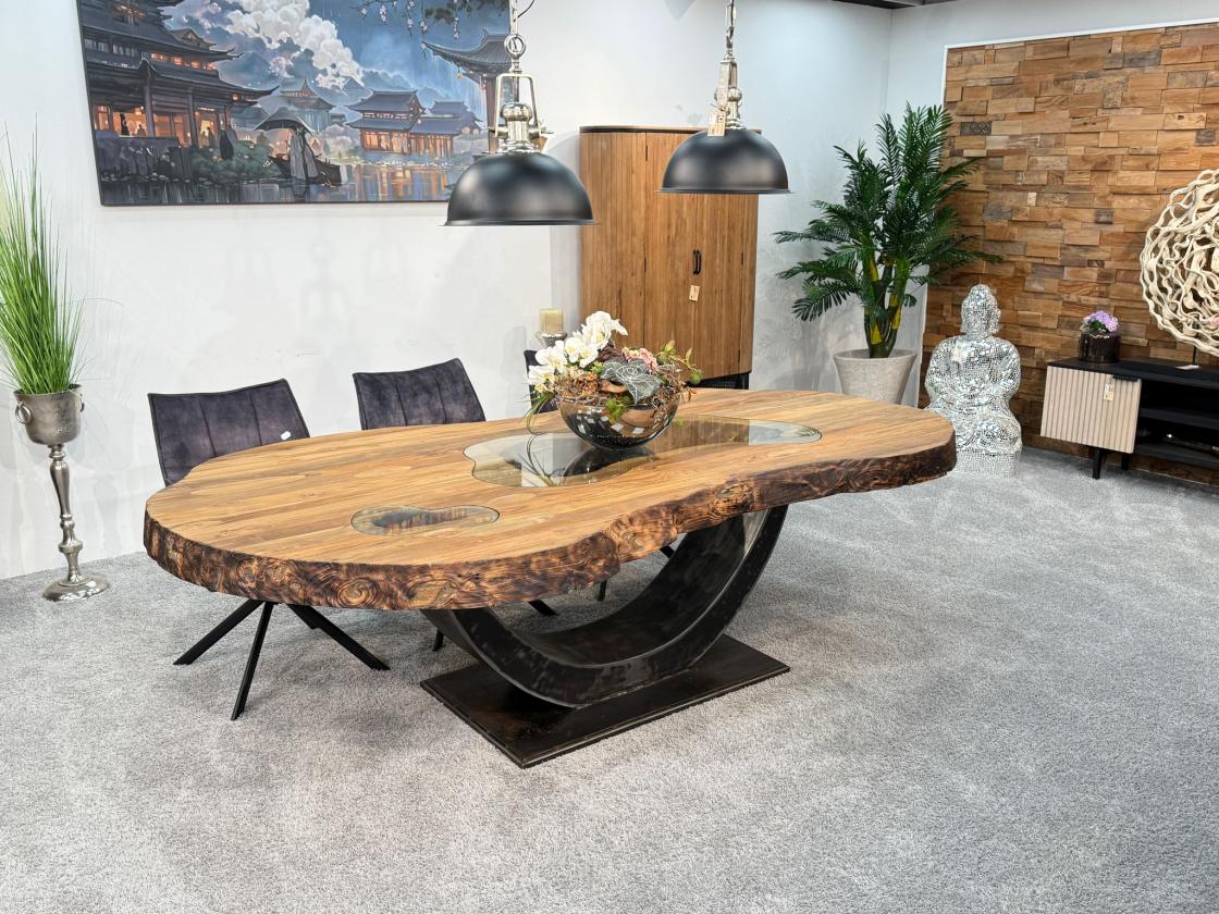 Esstisch aus Massivholz "Fusion" ca. 252 x 107-138 x 78 cm mit Vintage Halbmond