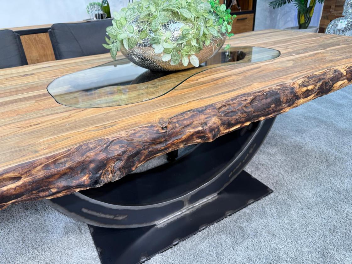 Massiver Teakholztisch mit Halbmond Stahlfuss 250cm