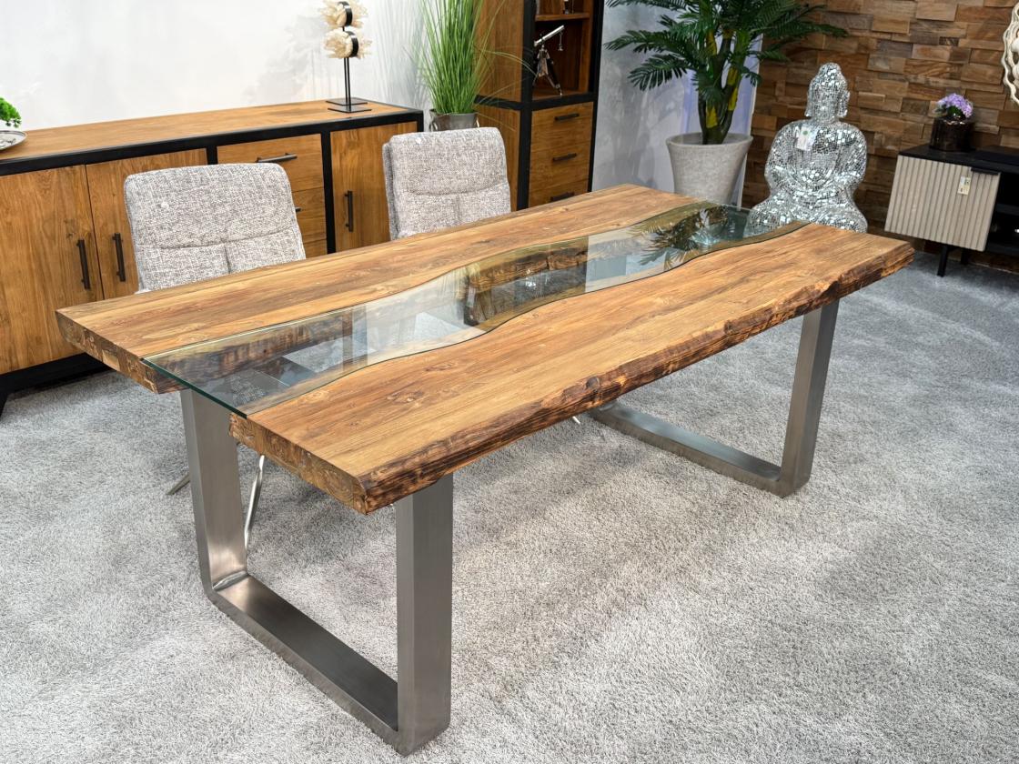 Massiver Design Esstisch mit Kufen und Glaselementen