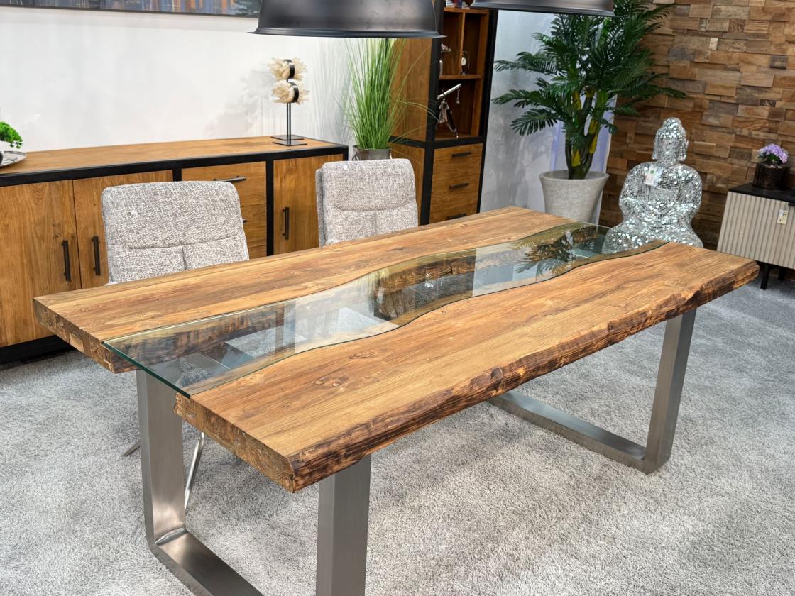 Massiver Design Esstisch mit Kufen und Glaselementen