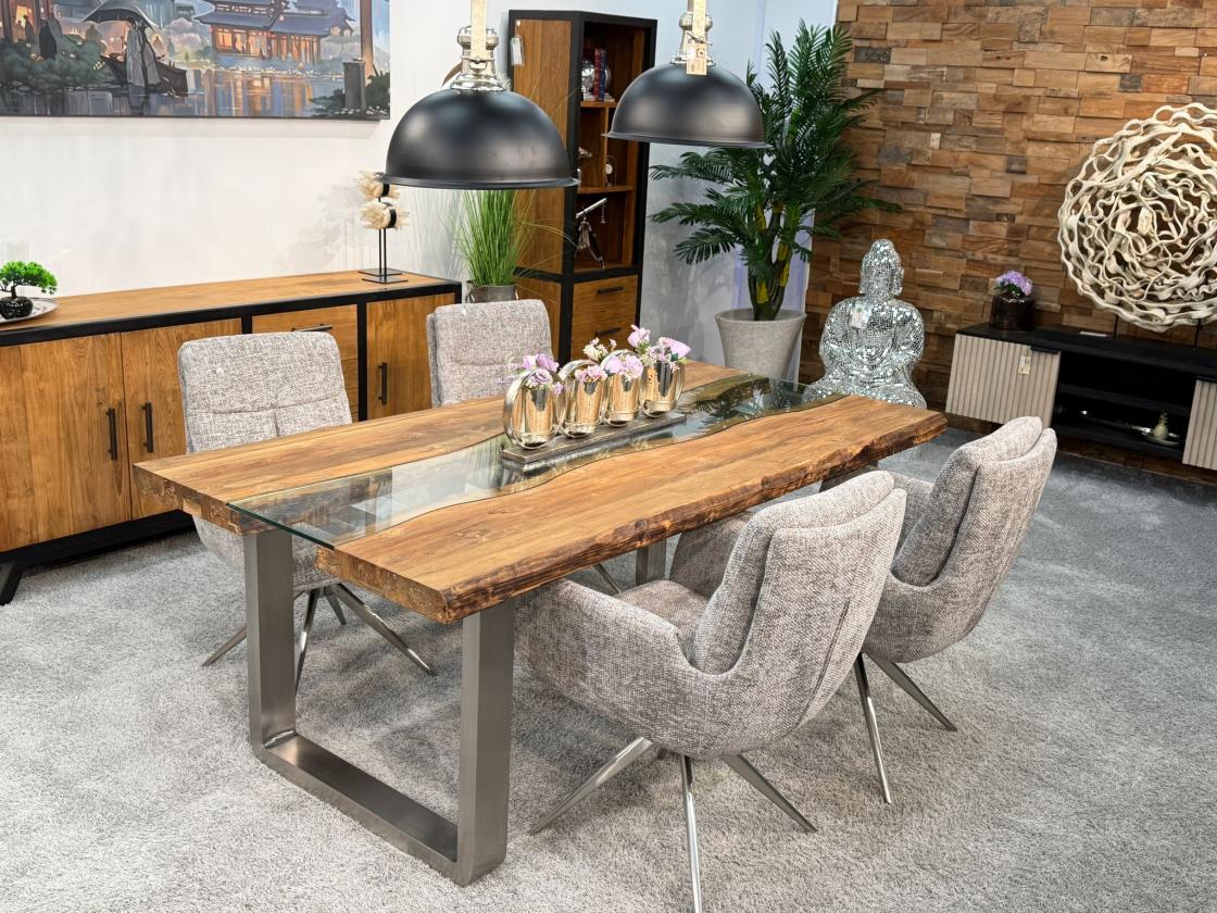 Massiver Design Esstisch mit Kufen und Glaselementen