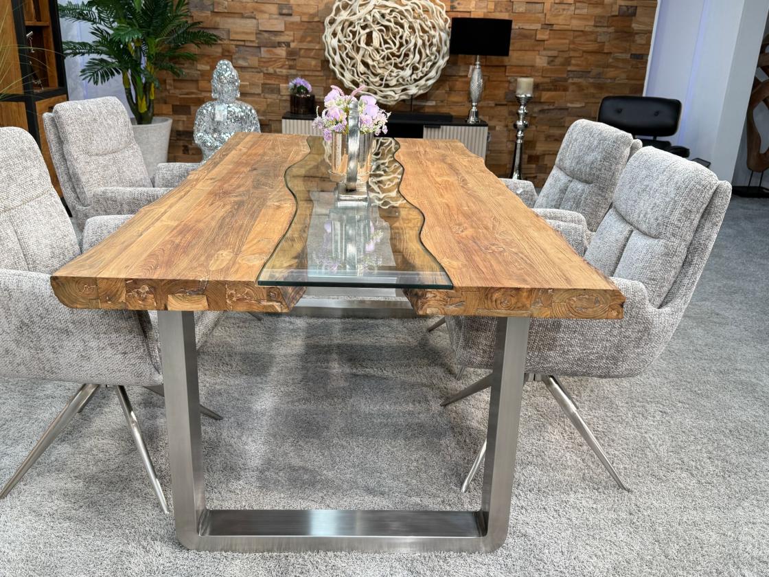 Massiver Design Esstisch mit Kufen und Glaselementen