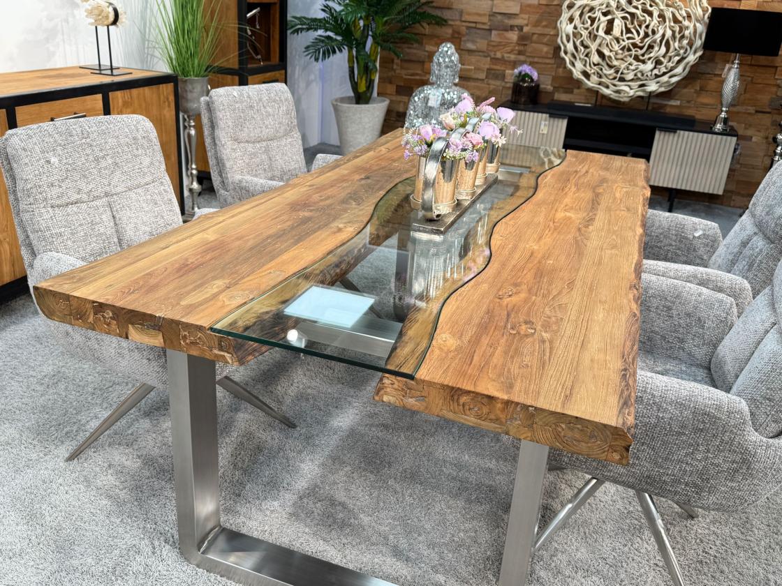 Massiver Design Esstisch mit Kufen und Glaselementen