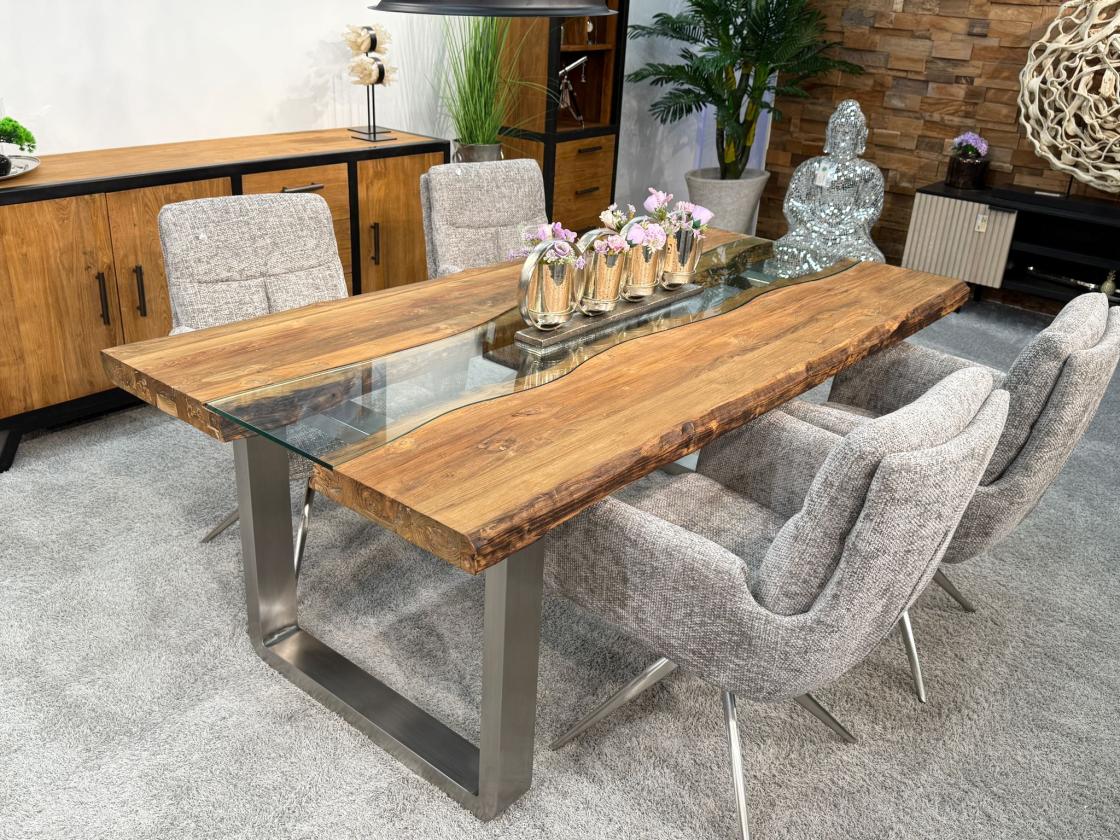 Massiver Design Esstisch mit Kufen und Glaselementen