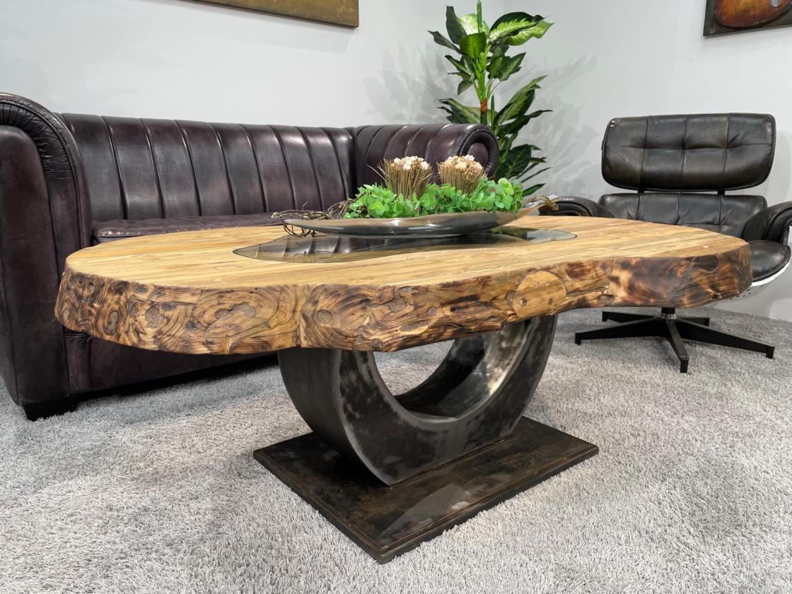 Organic oval wooden coffee table with glass top, 138 x 82-92 x 50 cm.