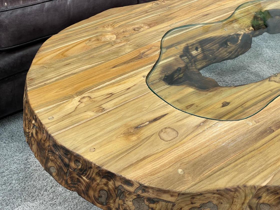 Organic oval wooden coffee table with glass top, 138x82-92x50 cm