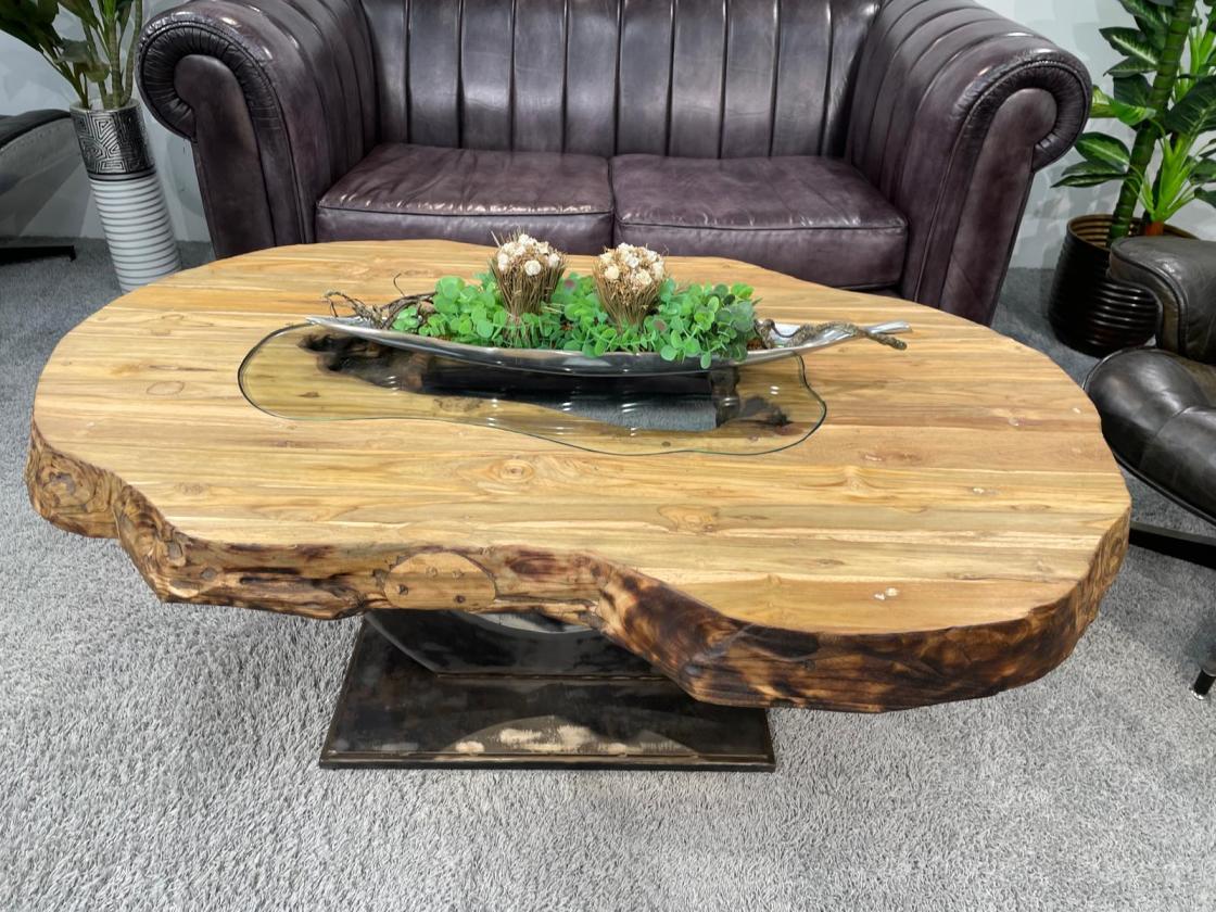 Organic oval wooden coffee table with glass insert, 138x82-92x50 cm.