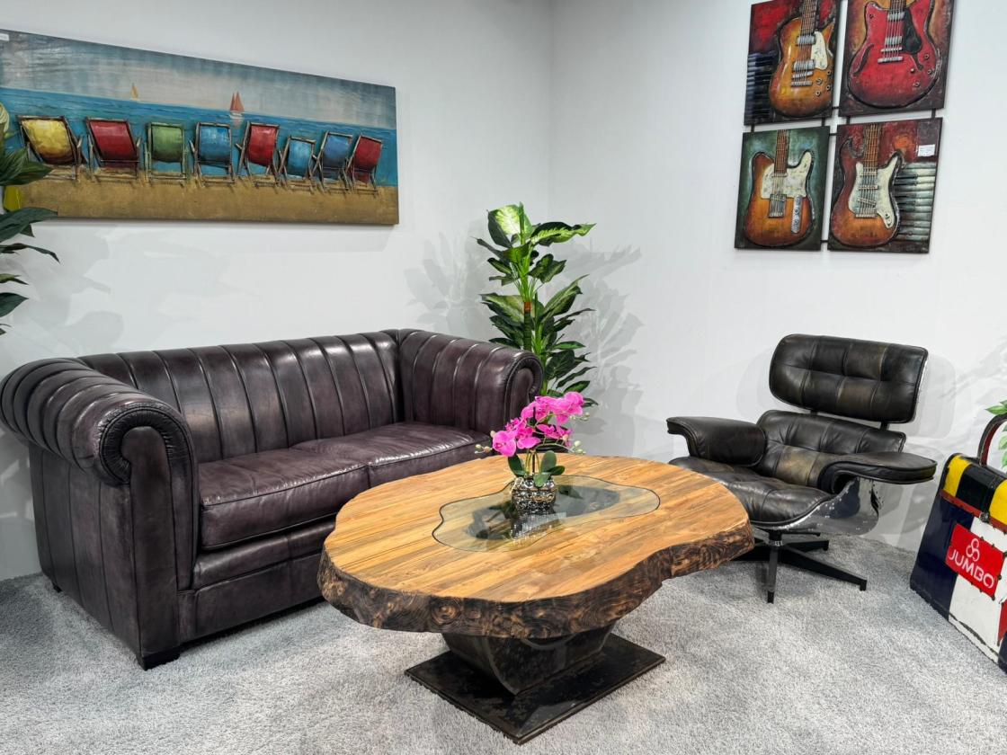 Organisch ovaler Couchtisch Fusion Holz Altholz Stahl rustikal