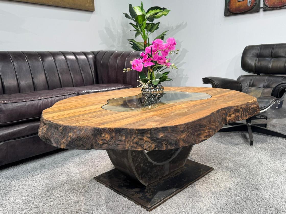 Organisch ovaler Couchtisch Fusion Holz Altholz Stahl rustikal