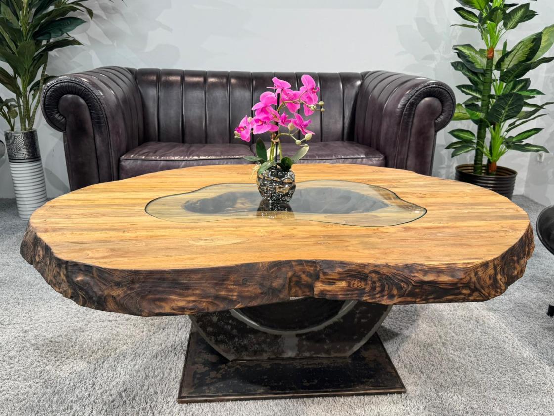 Organisch ovaler Couchtisch Fusion Holz Altholz Stahl rustikal