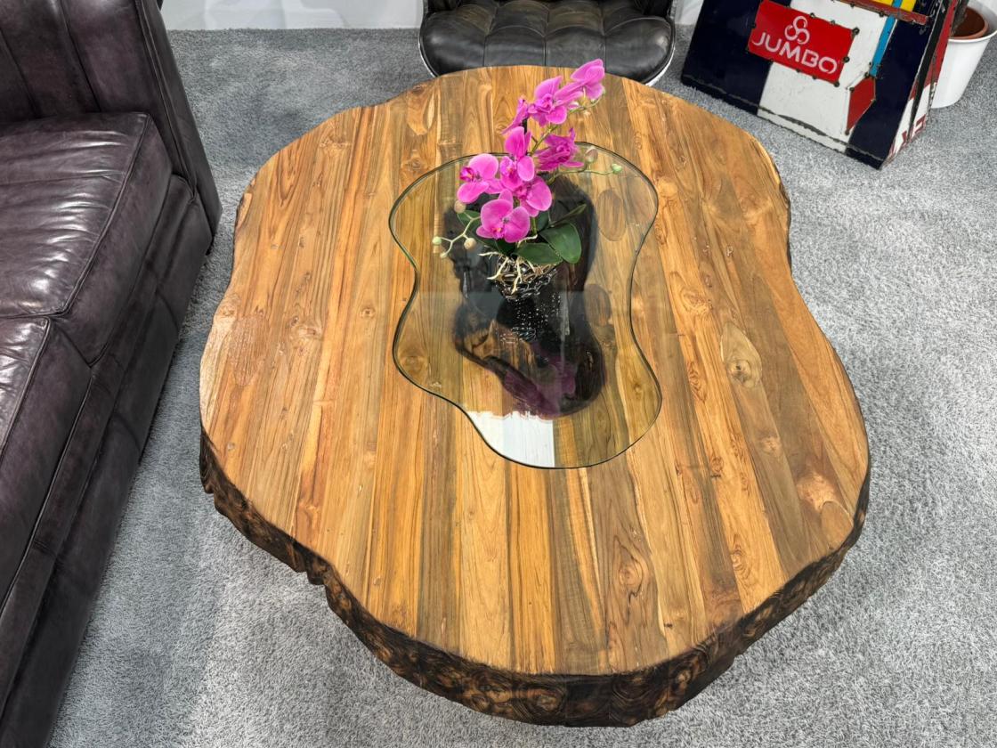 Organisch ovaler Couchtisch Fusion Holz Altholz Stahl rustikal