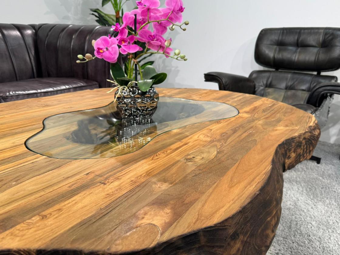 Organisch ovaler Couchtisch Fusion Holz Altholz Stahl rustikal