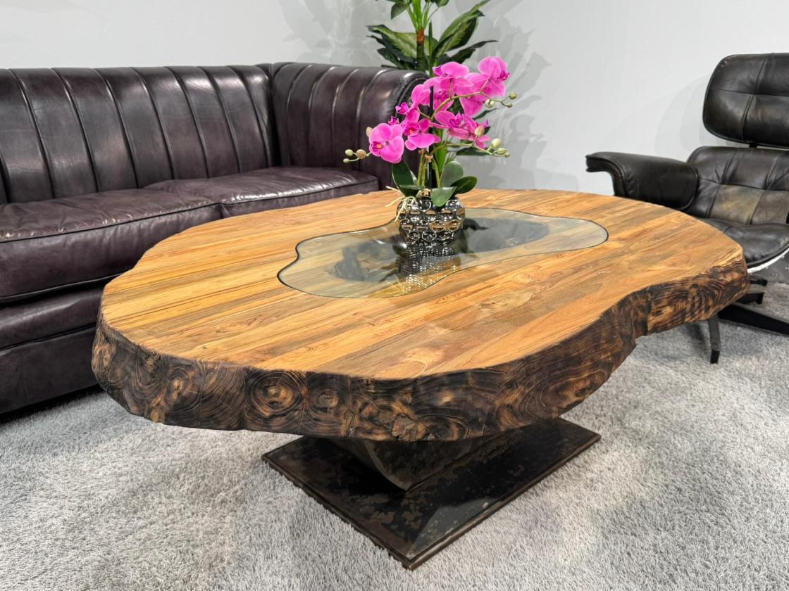 Organisch ovaler Couchtisch Fusion Holz Altholz Stahl rustikal