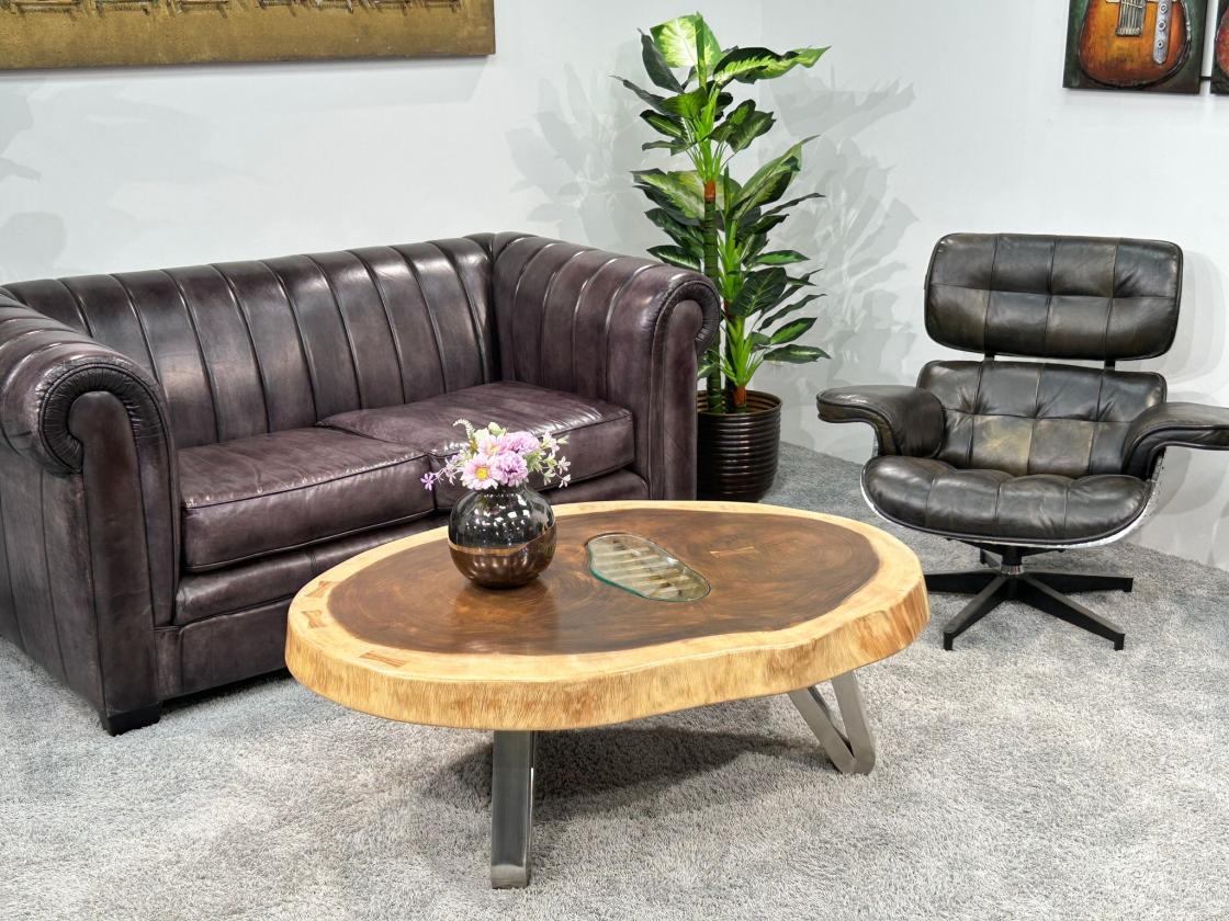 SONDERANGEBOT Ovaler Couchtisch aus einem Baumstamm, ca. 120 x 85 x 42,5 cm  "Lakeside Suar" mit Glaseinlage