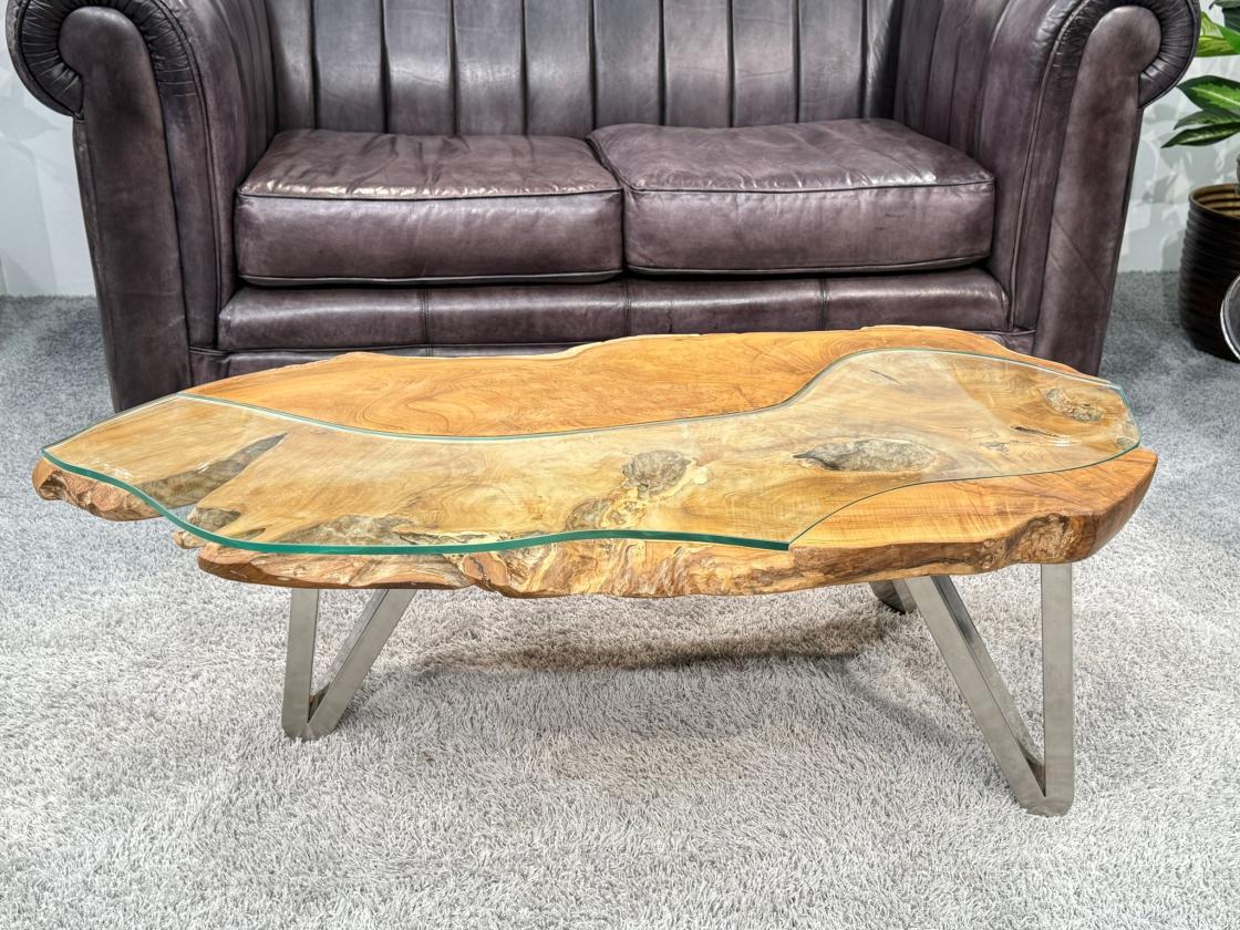 Wohnzimmertisch aus Suar-Baumstamm, runde Form, Holzmaserung