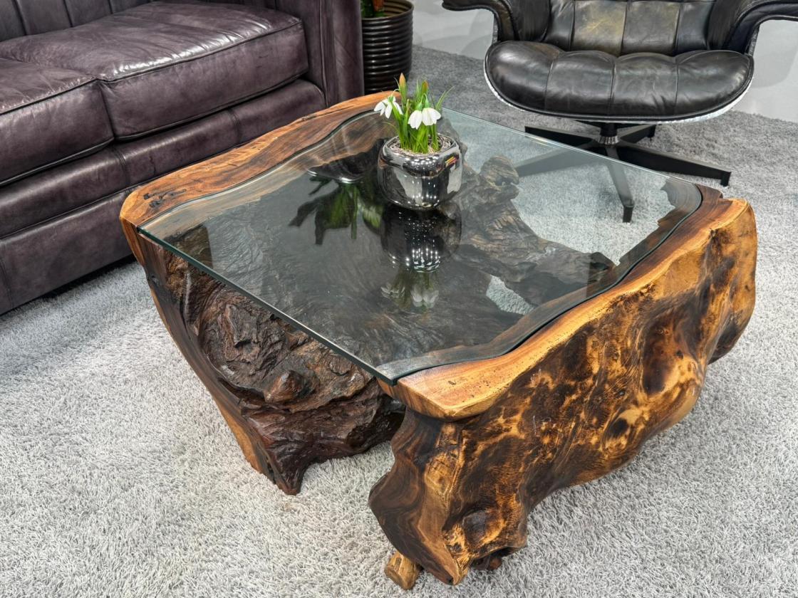 Living room table made from Suar tree trunk with glass top, approx. 83x75x39 cm