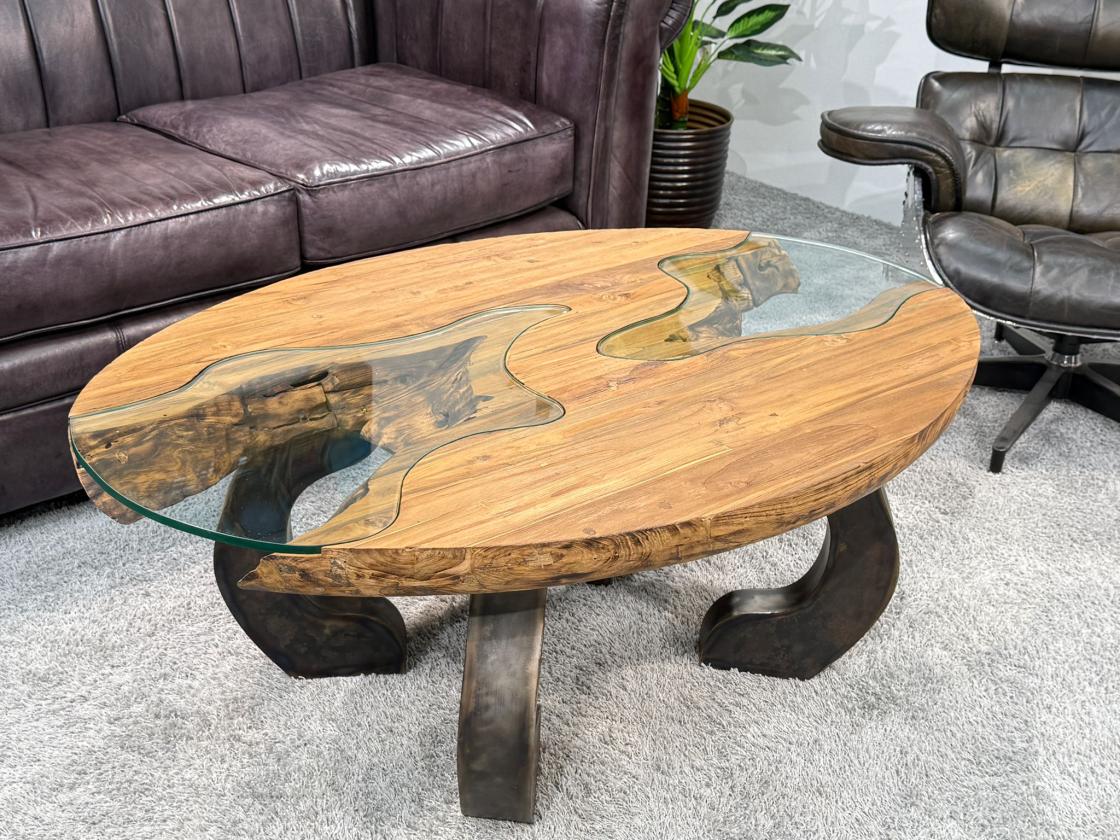 Massivholz Couchtisch mit Glaseinlagen Bay