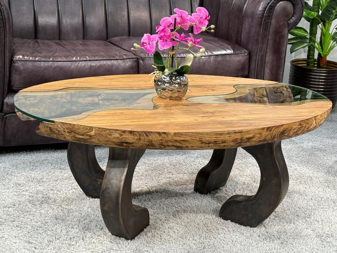 Massivholz Couchtisch mit Glaseinlagen Bay