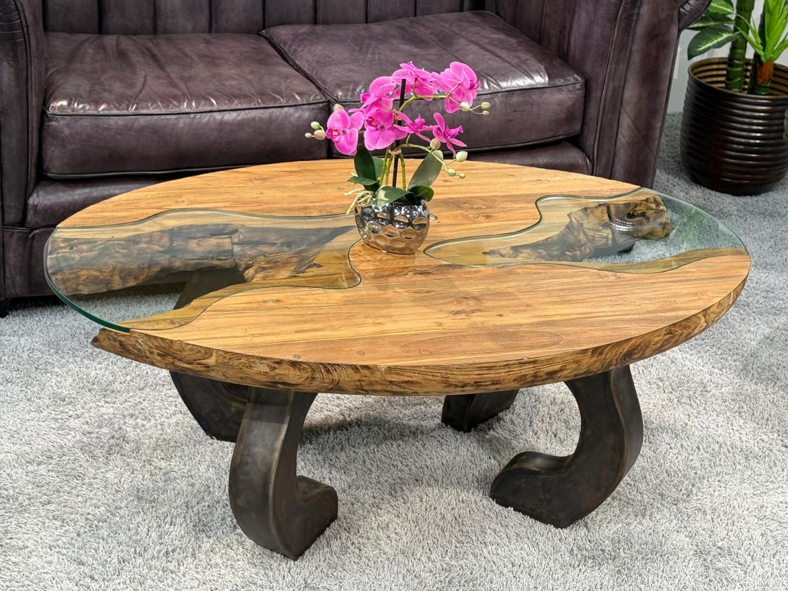 Massivholz Couchtisch mit Glaseinlagen Bay