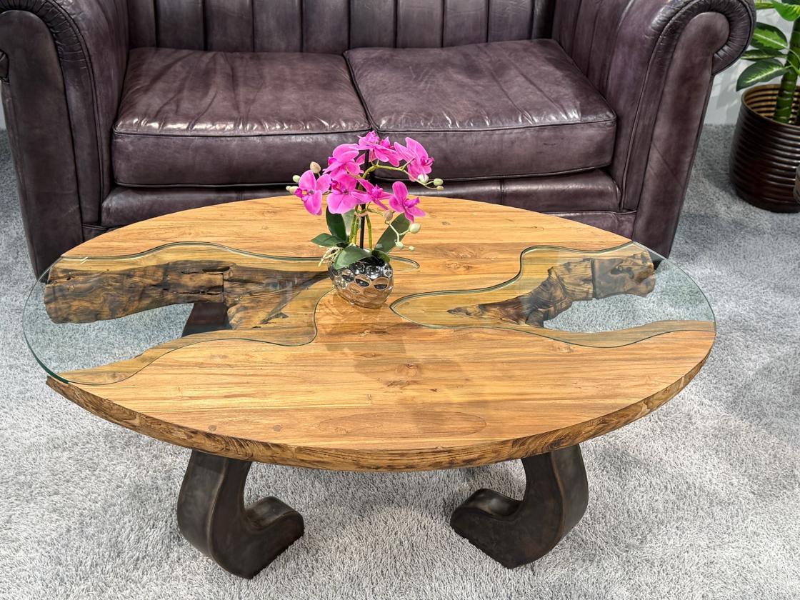 Massivholz Couchtisch mit Glaseinlagen Bay