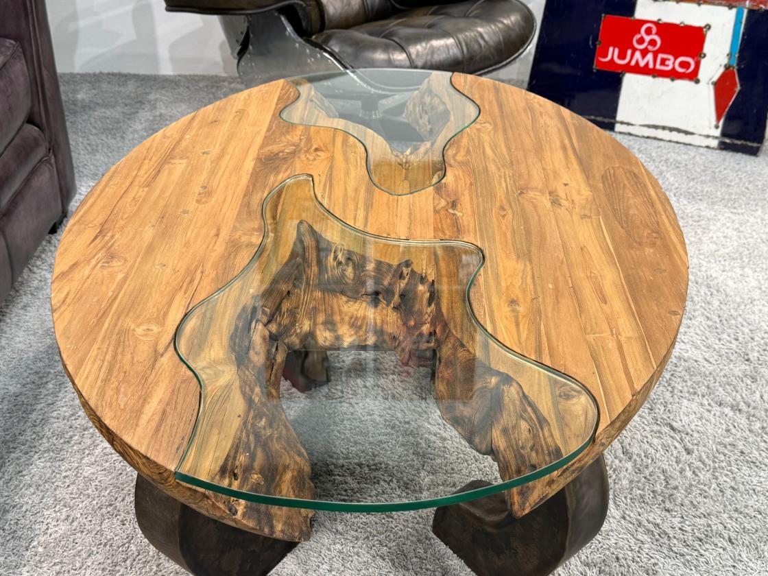 Massivholz Couchtisch mit Glaseinlagen Bay