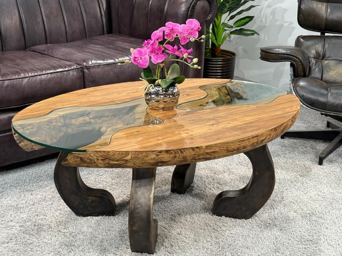 Massivholz Couchtisch mit Glaseinlagen Bay