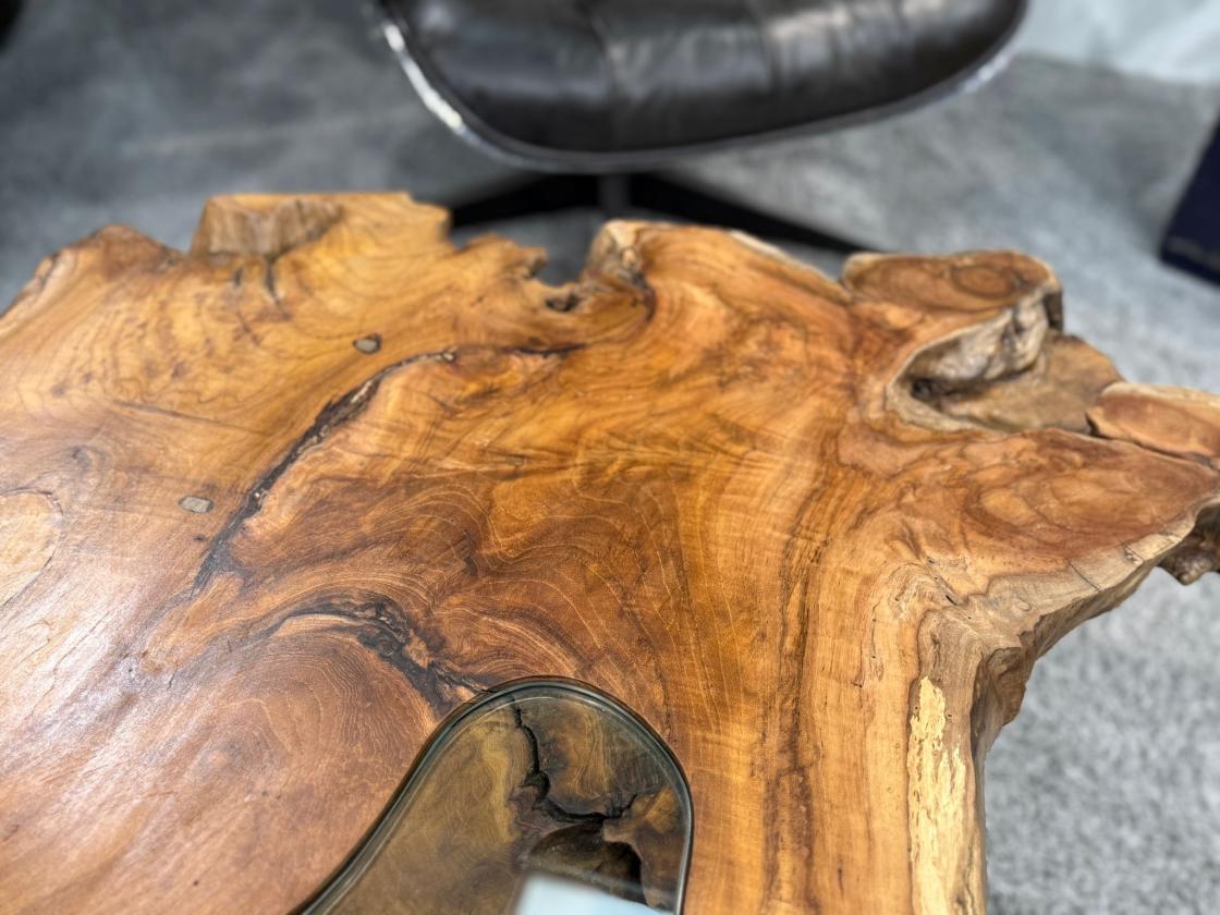 Unikat Couchtisch aus Holz Baumstamm Baumscheibe Metallfuss