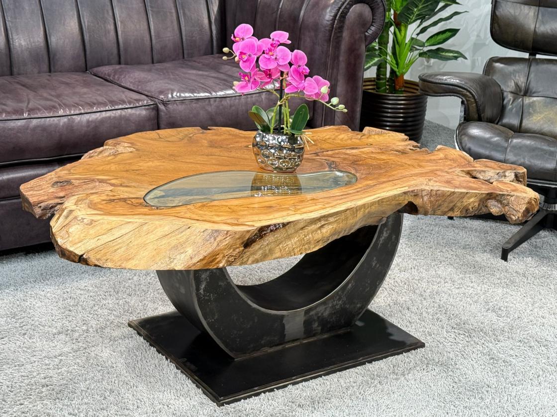 Unikat Couchtisch aus Holz Baumstamm Baumscheibe Metallfuss