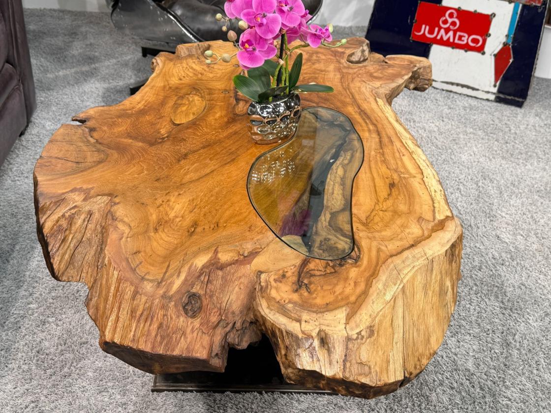 Unikat Couchtisch aus Holz Baumstamm Baumscheibe Metallfuss