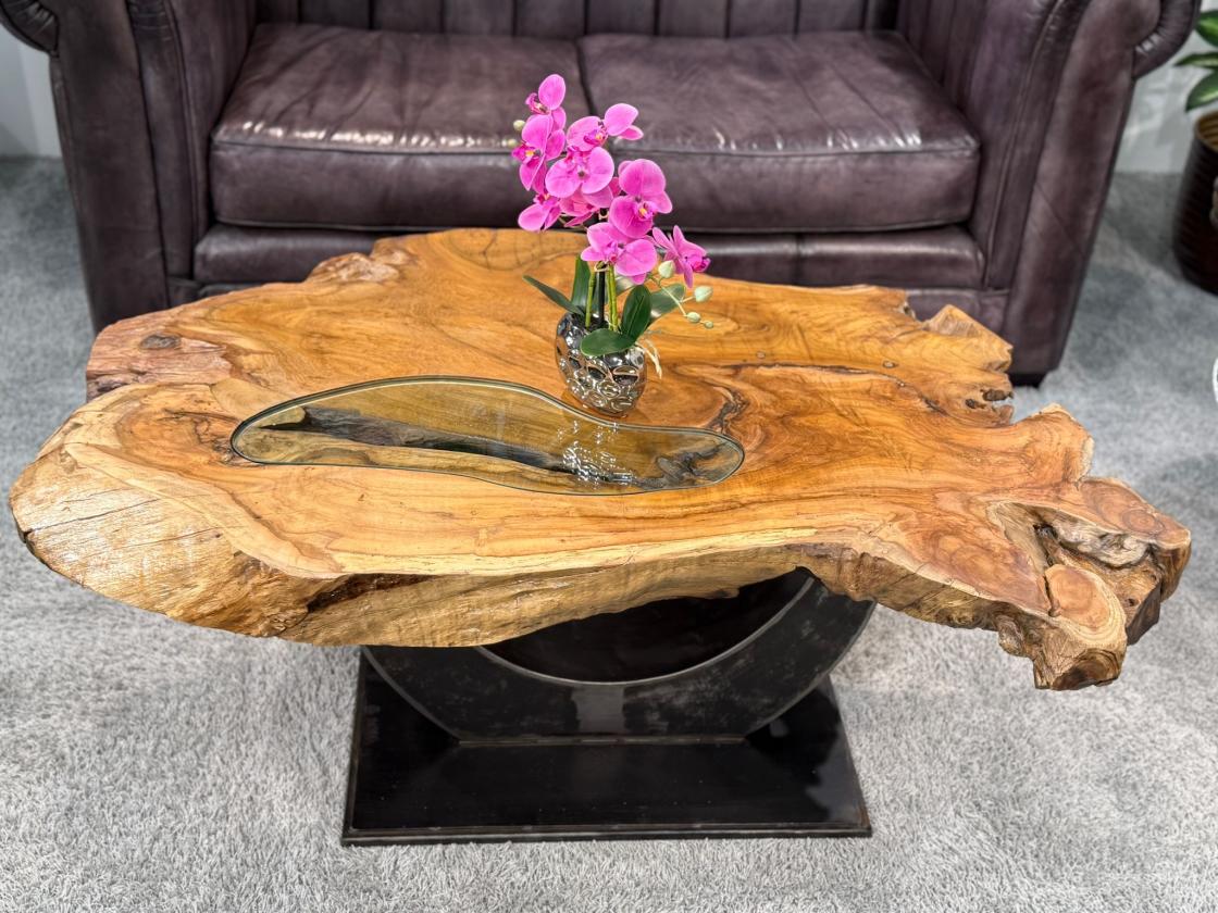 Unikat Couchtisch aus Holz Baumstamm Baumscheibe Metallfuss