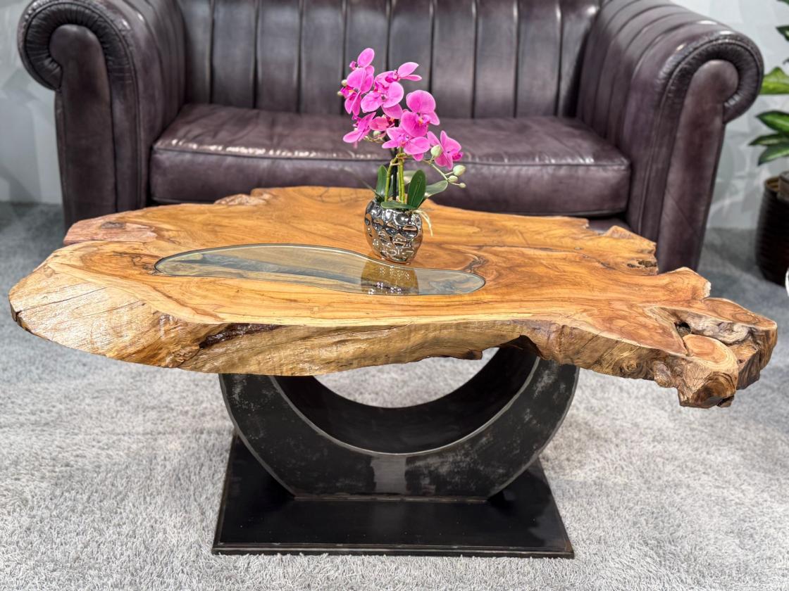 Unikat Couchtisch aus Holz Baumstamm Baumscheibe Metallfuss