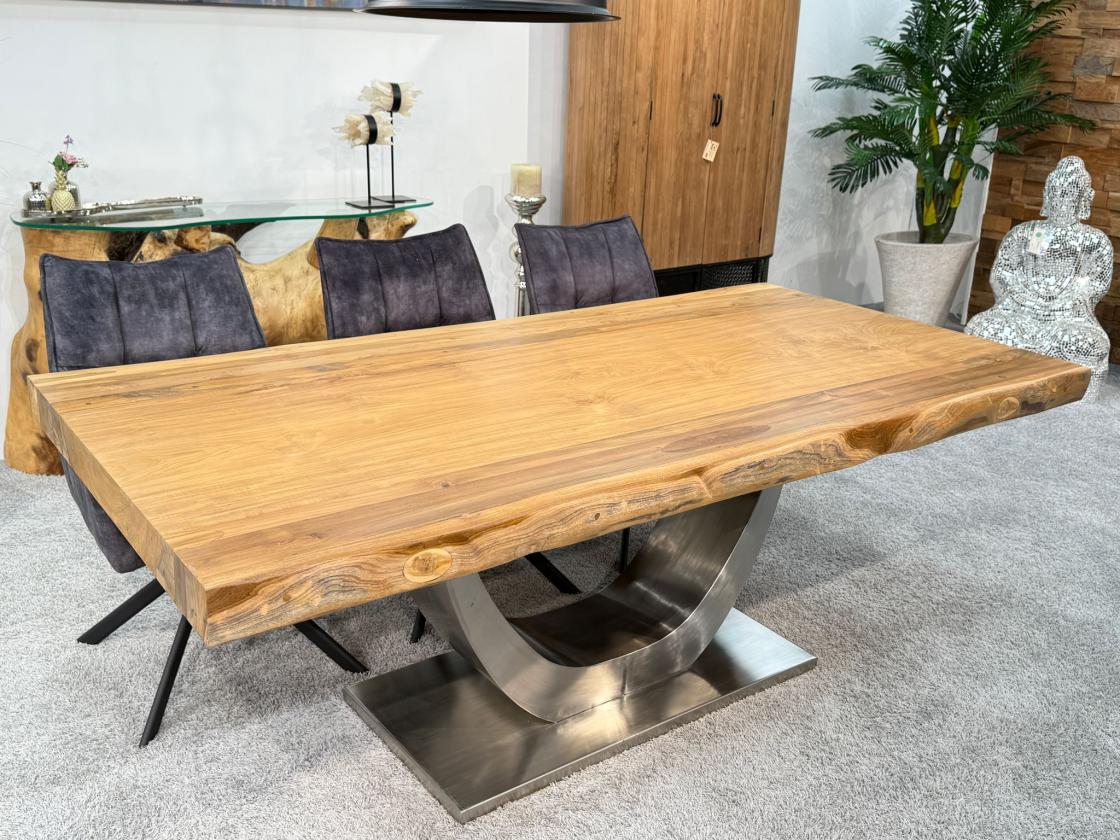 Rechteckiger Teakholz-Esstisch mit Edelstahlgestell, 200x100x78 cm