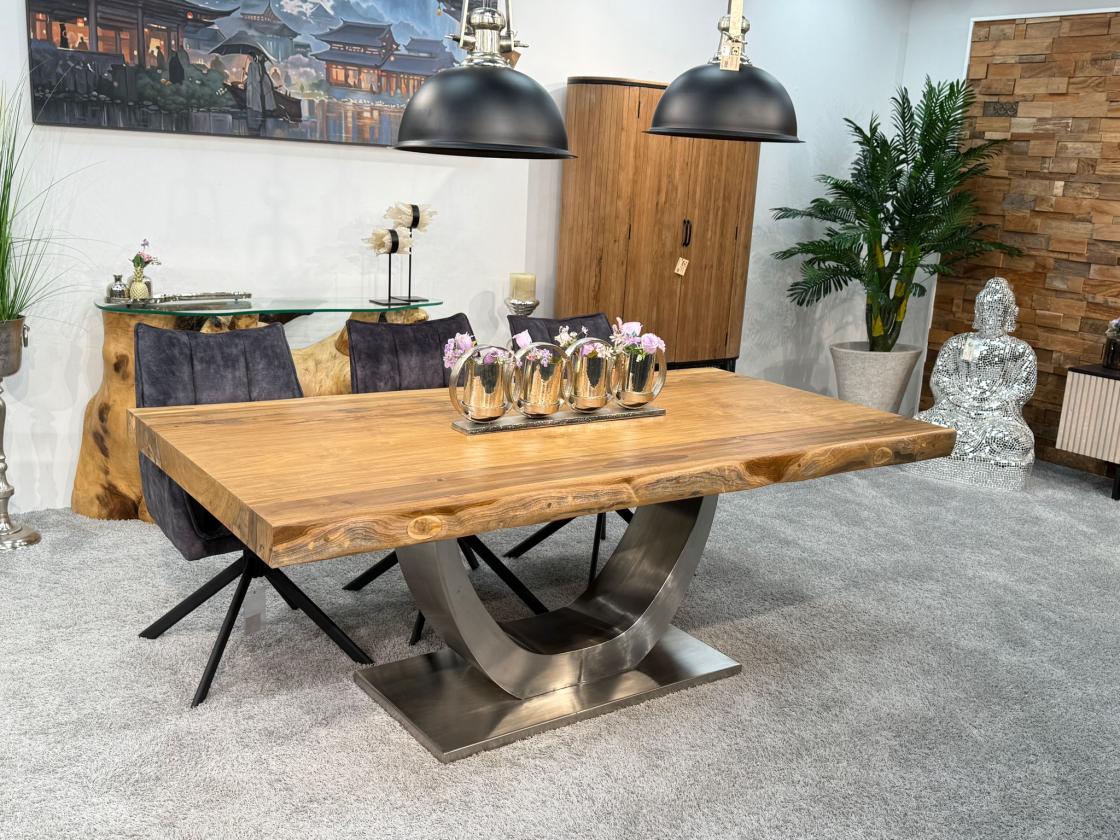 Rechteckiger Teakholz-Esstisch mit Edelstahlgestell, 200x100x78 cm