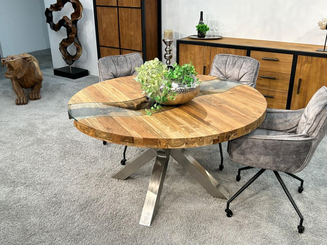Wohnzimmertisch rund aus massivem Teak Altholz