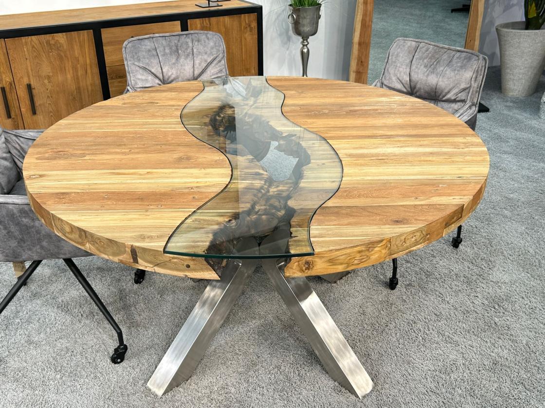 Wohnzimmertisch rund aus massivem Teak Altholz