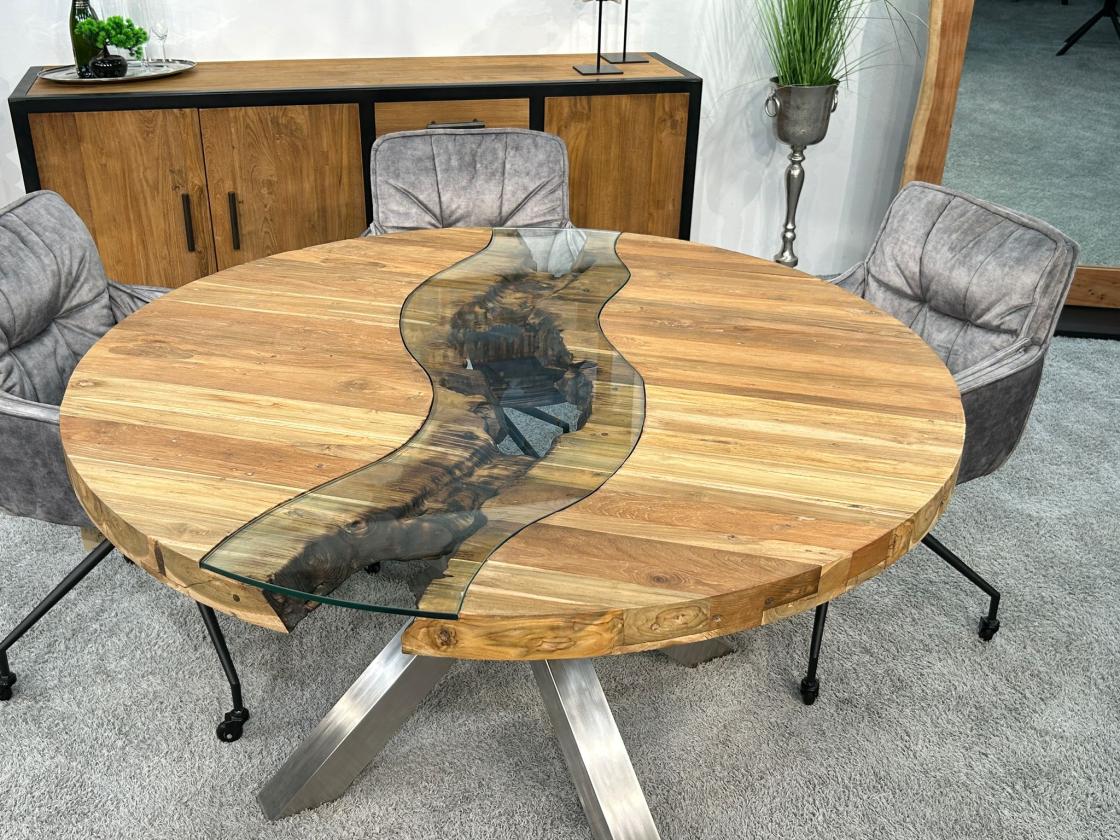 Wohnzimmertisch rund aus massivem Teak Altholz