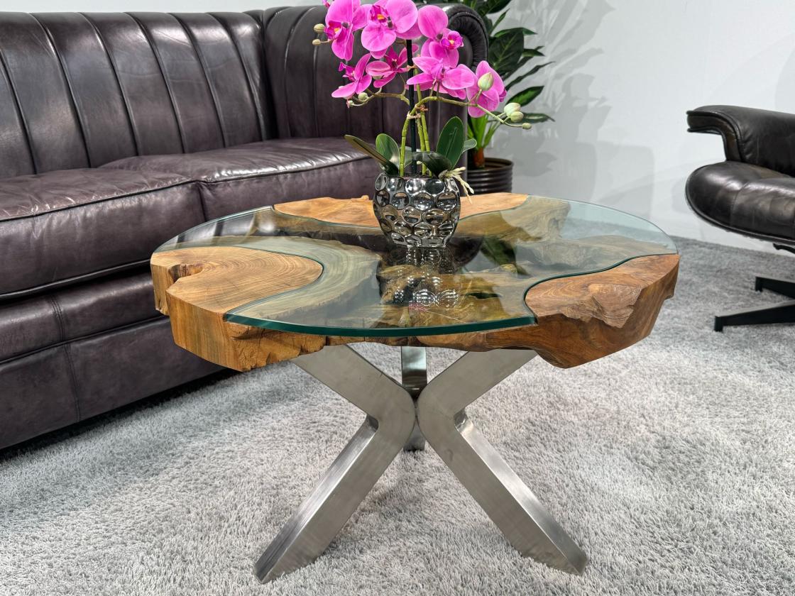 Wohnzimmertisch rund mit 6 cm massiver Tischplatte aus Teakholz