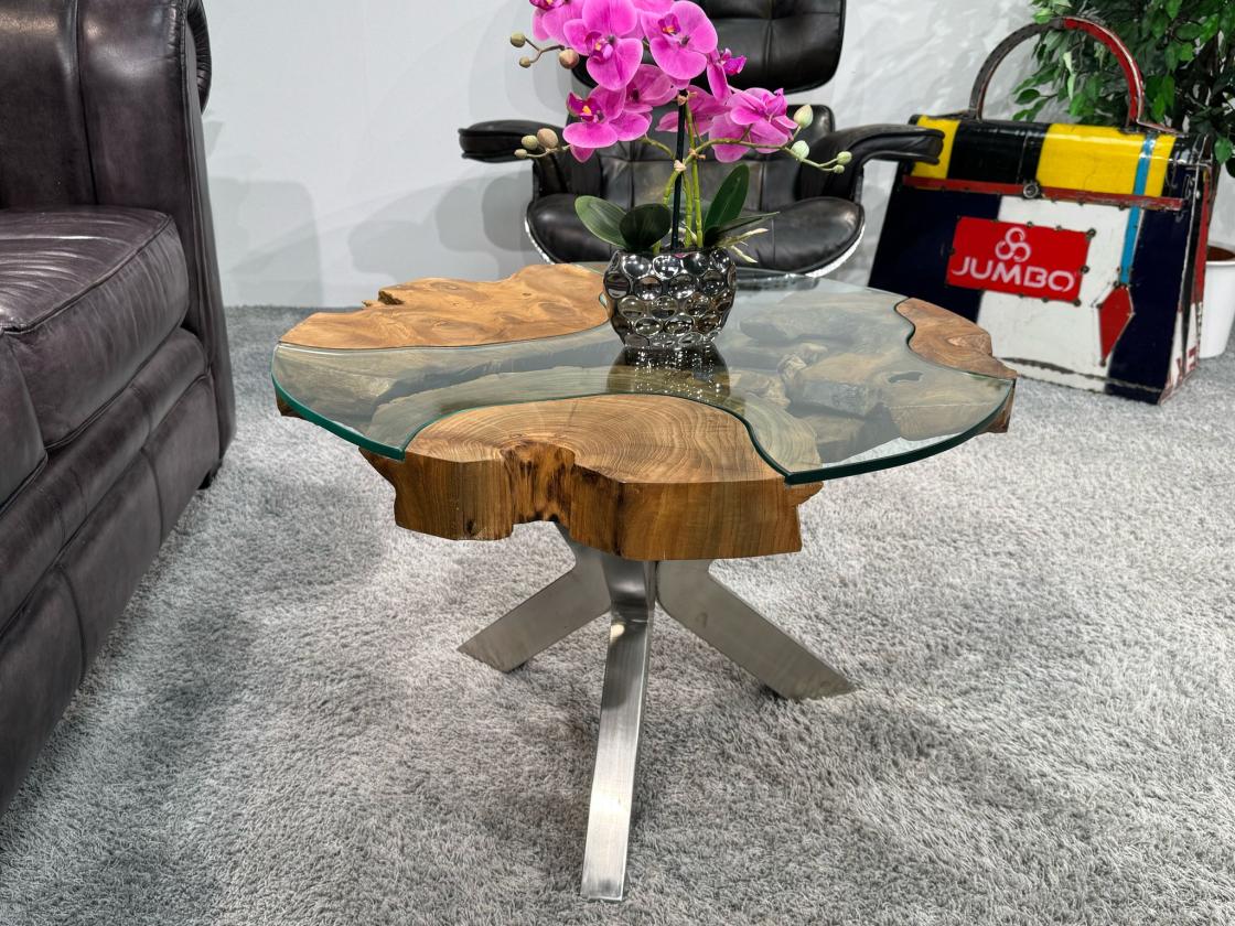 Wohnzimmertisch rund mit 6 cm massiver Tischplatte aus Teakholz