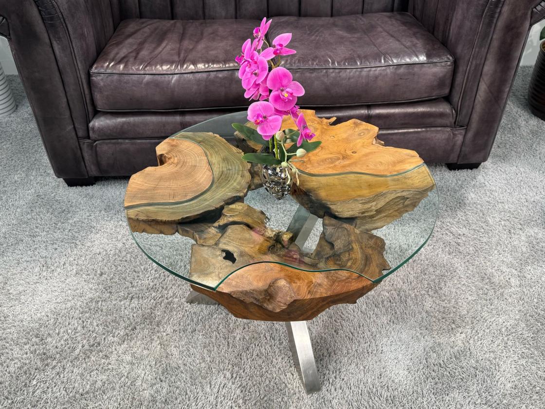 Wohnzimmertisch rund mit 6 cm massiver Tischplatte aus Teakholz