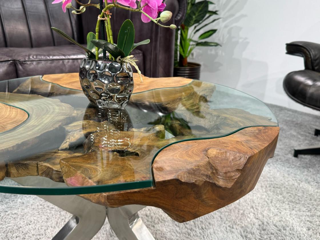 Wohnzimmertisch rund mit 6 cm massiver Tischplatte aus Teakholz