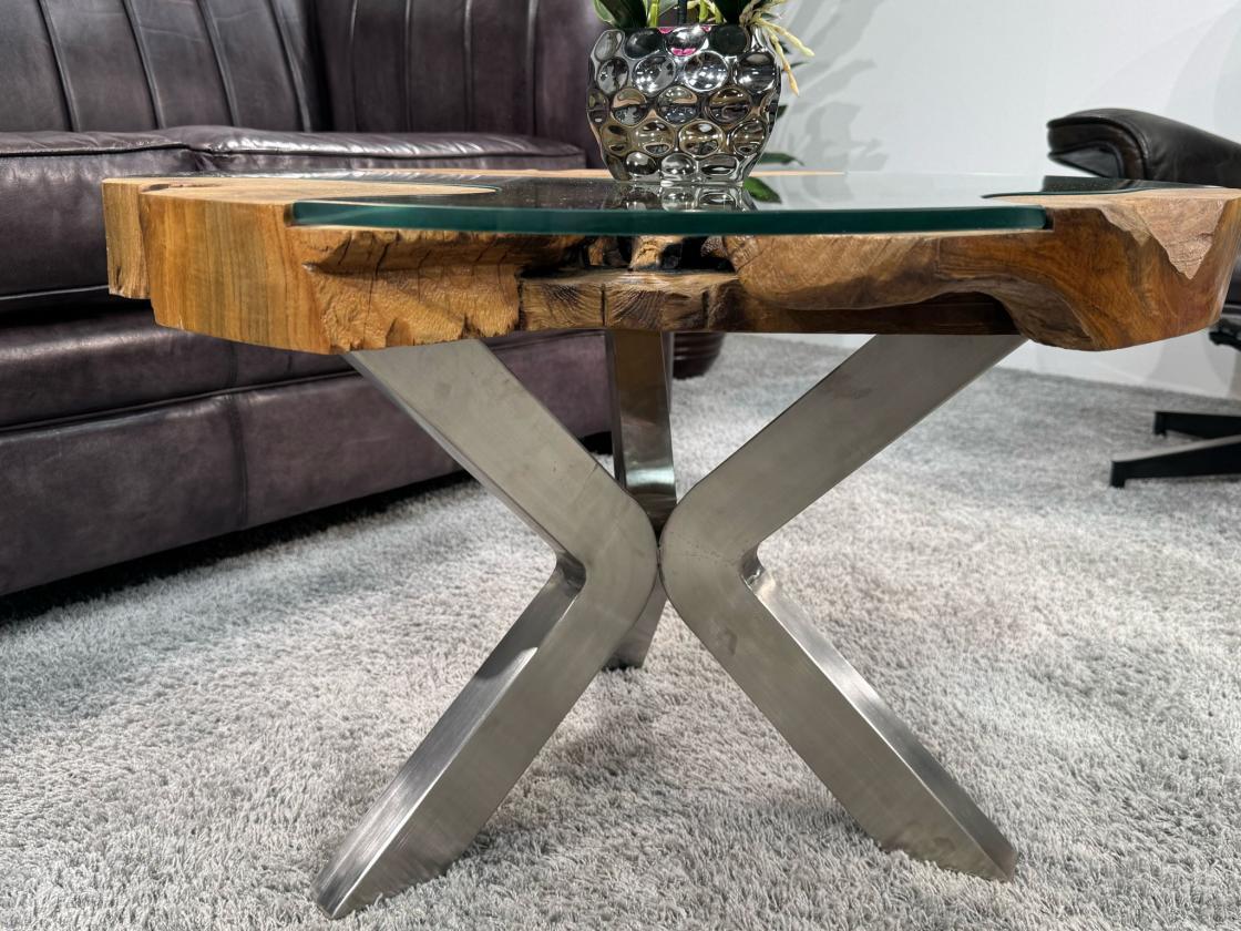 Wohnzimmertisch rund mit 6 cm massiver Tischplatte aus Teakholz