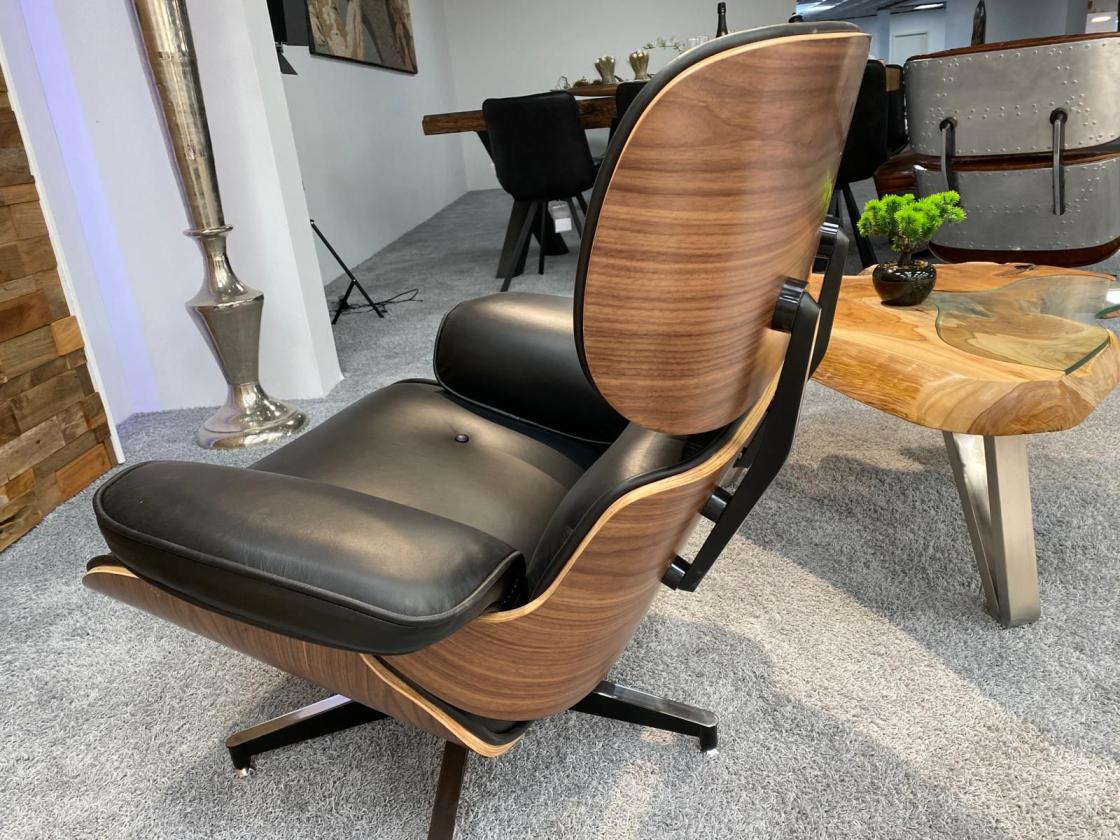 Relaxliege "Eames Lounge Chair Replika" mit Leder (schwarz) und Holz im Retro-Design