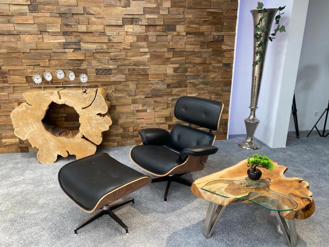 Relaxliege "Eames Lounge Chair Replika" mit Leder (schwarz) und Holz im Retro-Design