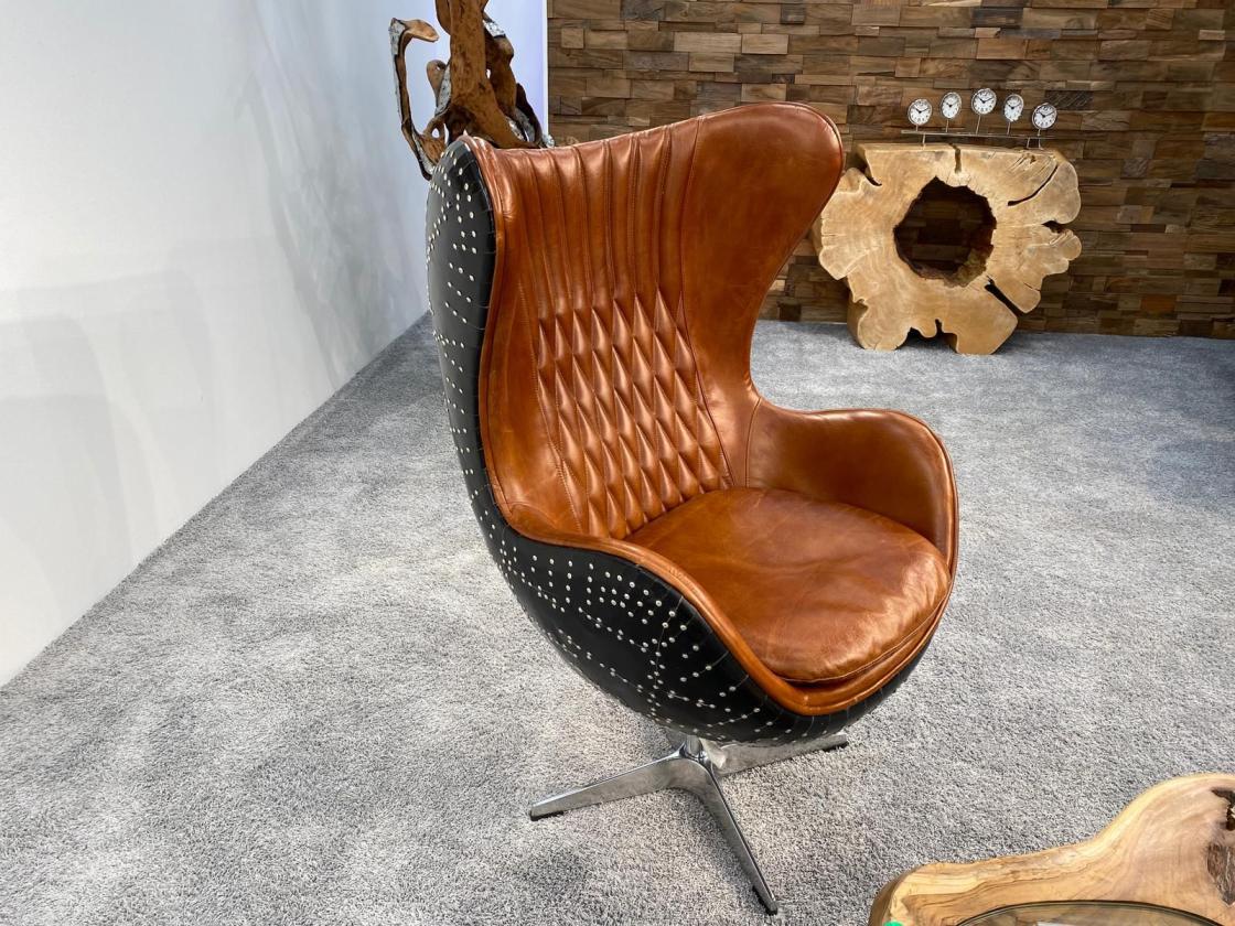 Relaxsessel "Egg Chair Replika" mit Leder (braun / schwarz) und Aluminium im Aviator-Design