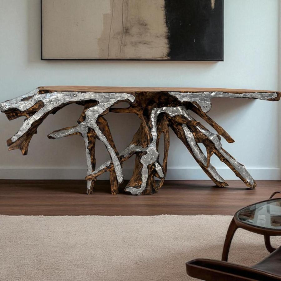 Sideboard aus einer Baumwurzel mit Aluminium