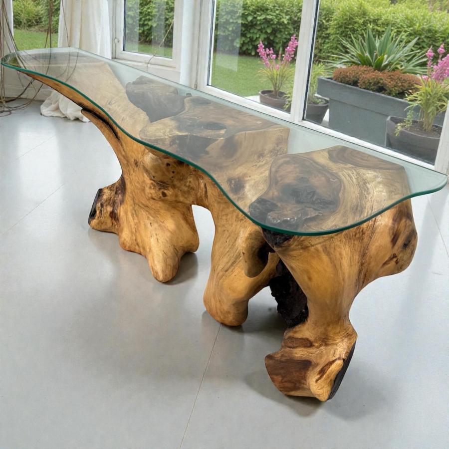 Sideboard "Suar", ca. 180 x 79 x 34-54 cm aus einem massiven Suarholz Baumstamm mit Glas