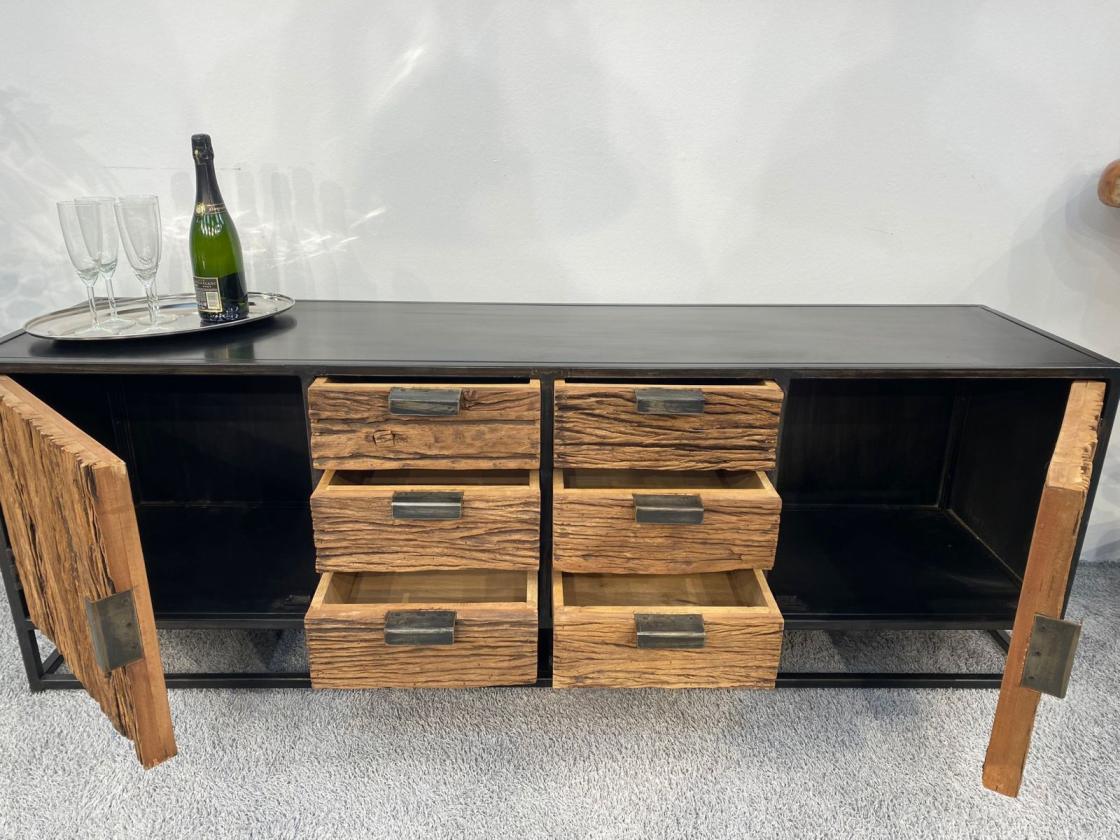 Sideboard / Anrichte "Essence black" 180 x 45 x 61 cm aus recyceltem Altholz mit Stahlkostruktion schwarz lackiert