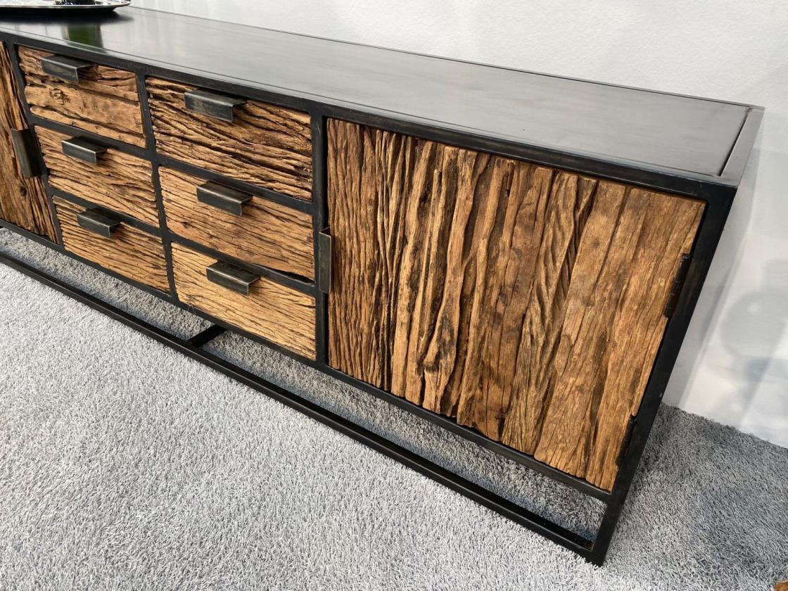 Sideboard / Anrichte "Essence black" 180 x 45 x 61 cm aus recyceltem Altholz mit Stahlkostruktion schwarz lackiert