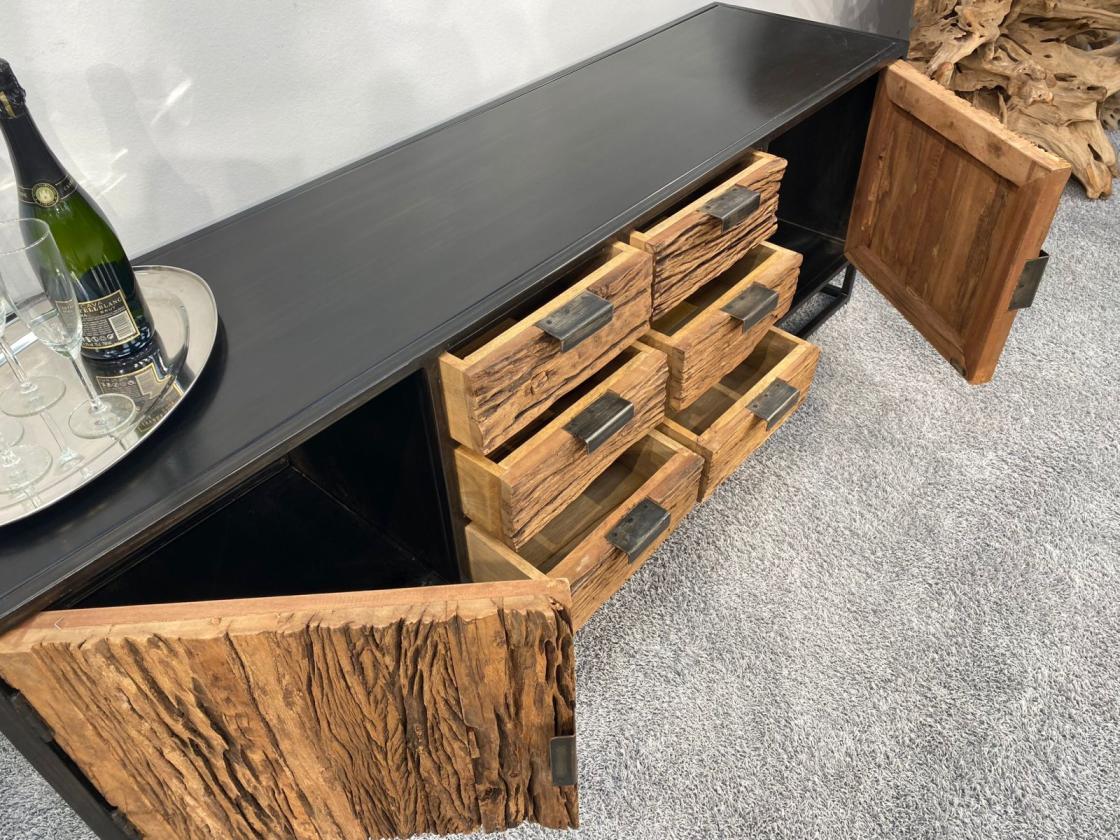 Sideboard / Anrichte "Essence black" 180 x 45 x 61 cm aus recyceltem Altholz mit Stahlkostruktion schwarz lackiert